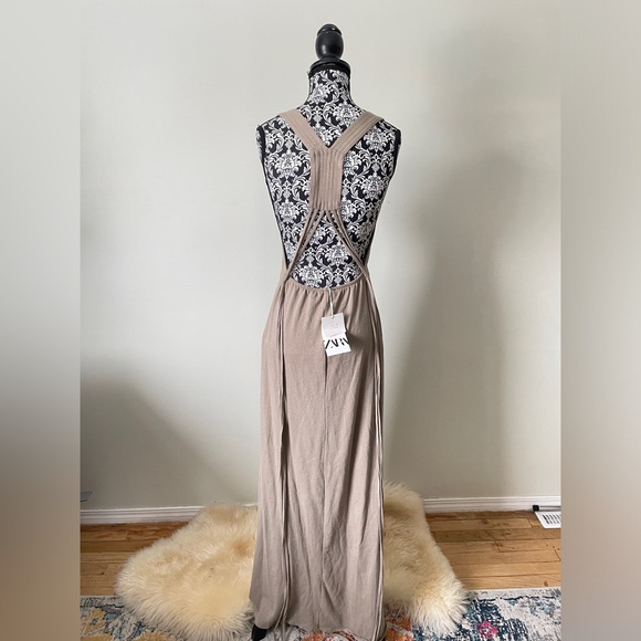 ZARA NWT Boho Beachy Backless Maxi Dress S Taupe Tassel Fringe Detail Minimalist - Picture 5 of 16